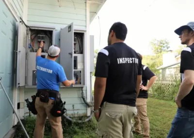 An instructor shows a home's electrical panel to home inspection students